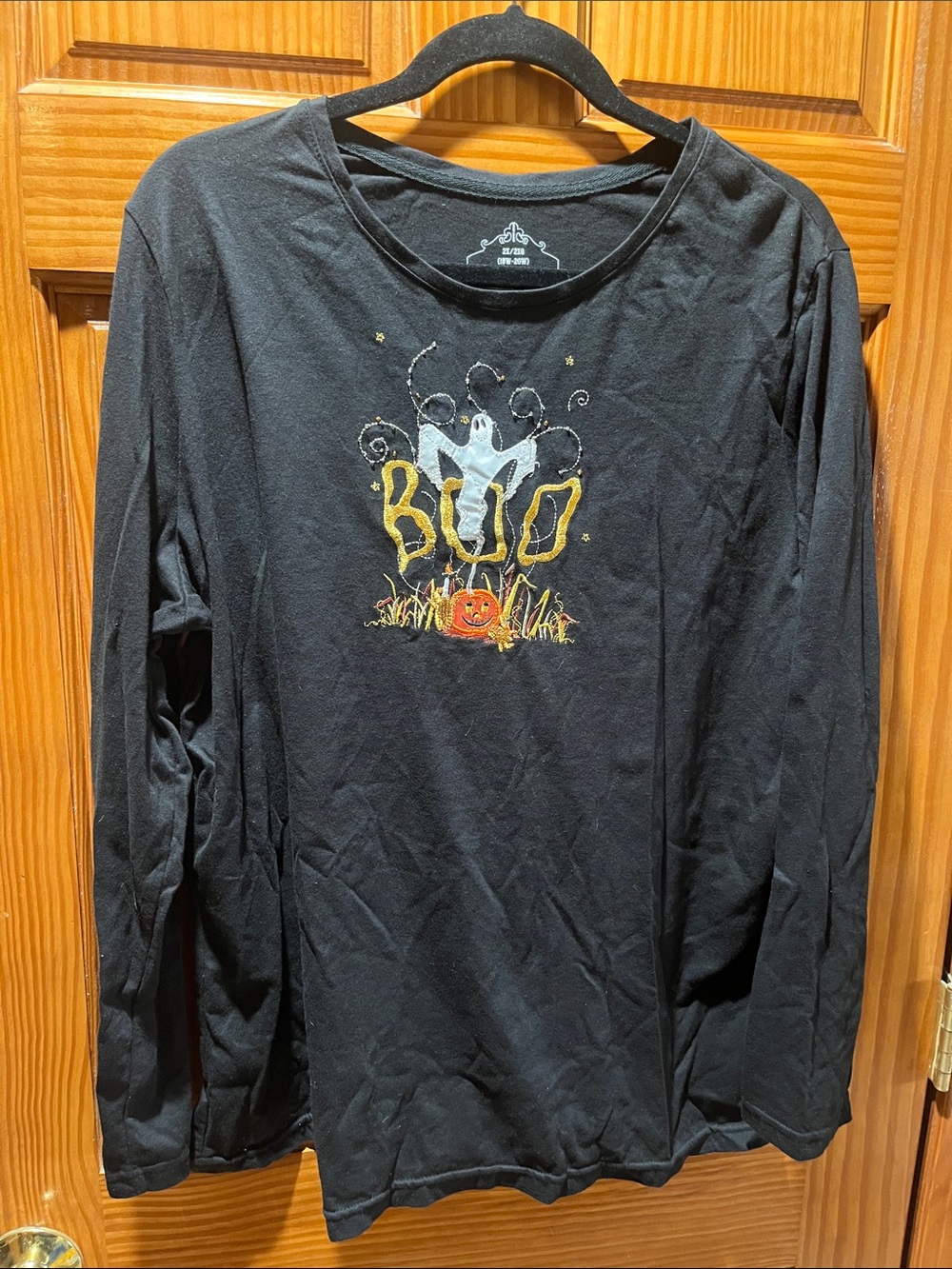 Black Halloween Long-Sleeve Shirt with Ghost & Pumpkin Graphic